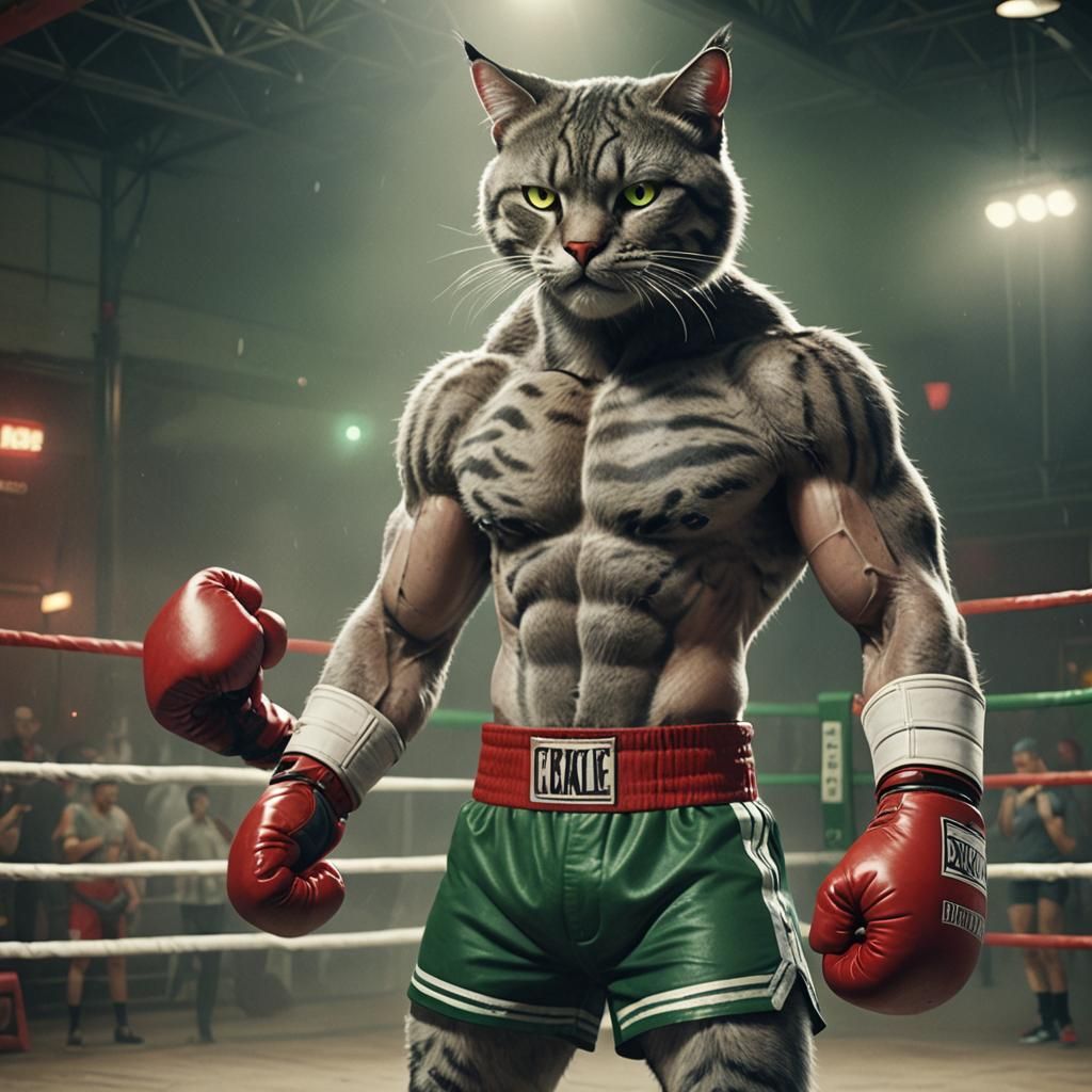 Muscular Cat Boxer in Misty Ring: Detailed Matte Painting