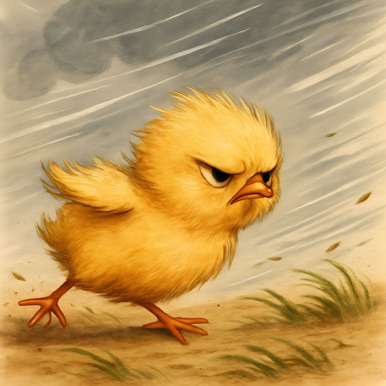 Grumpy Chicken Blown by Wind