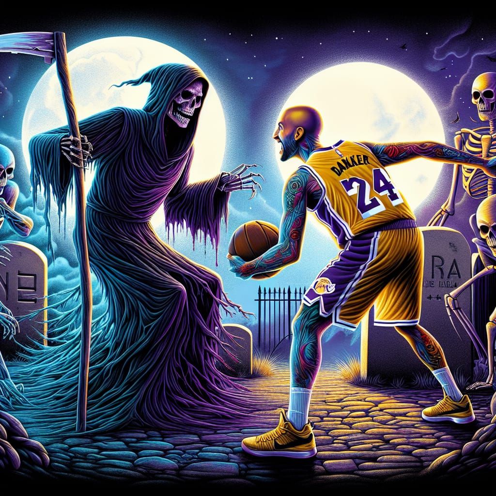 Scary grim reaper in a cemetery, plays  Basketball one-on-on...