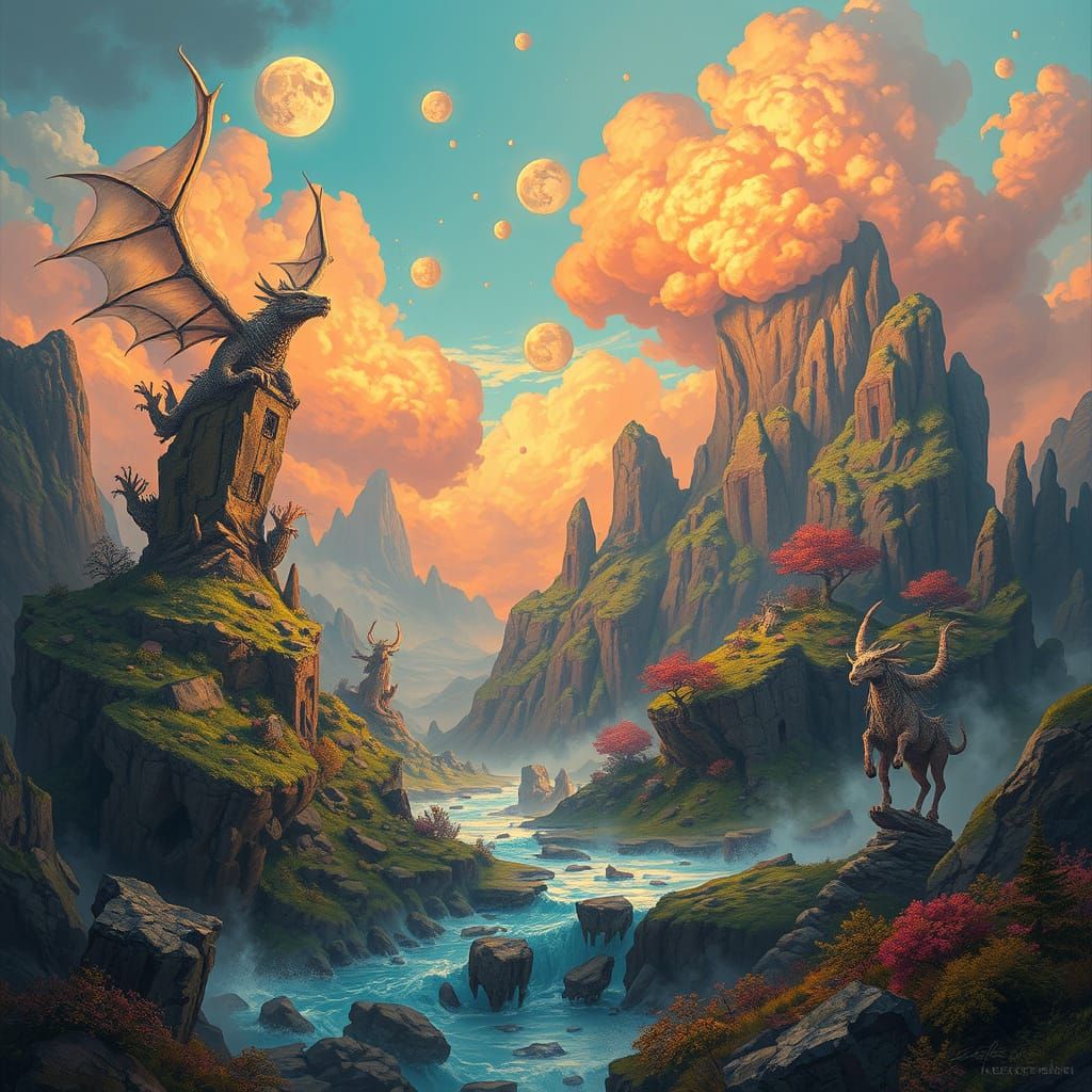 Mystical Creatures in Vibrant Fantasy Landscape