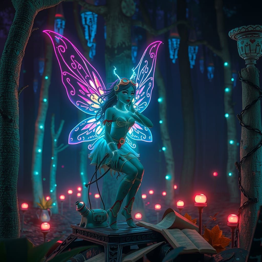 Steampunk Fairy in Neon Forest Night