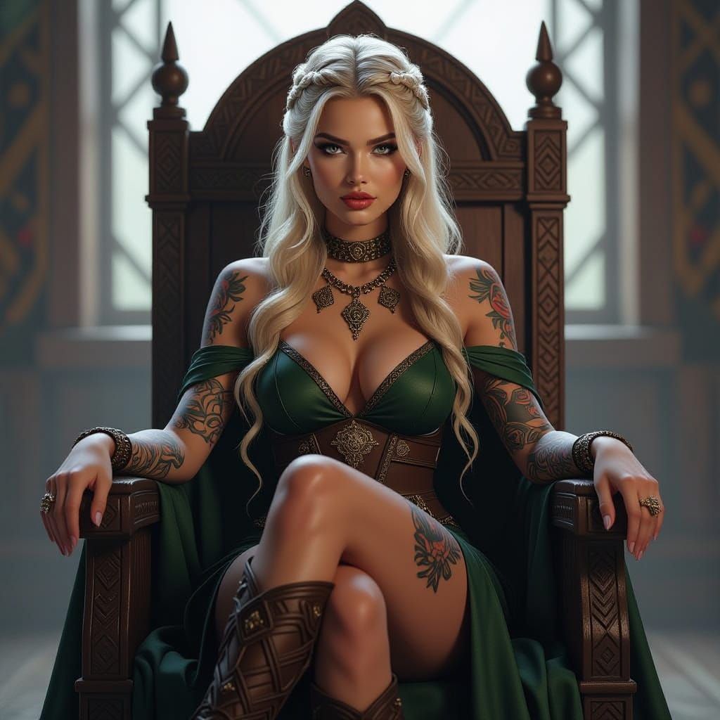 Beautiful Tattooed Norse Goddess on Viking Throne