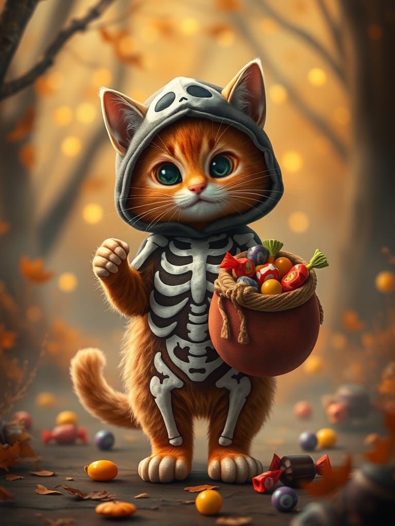 Treat: cute ginger cat skeleton