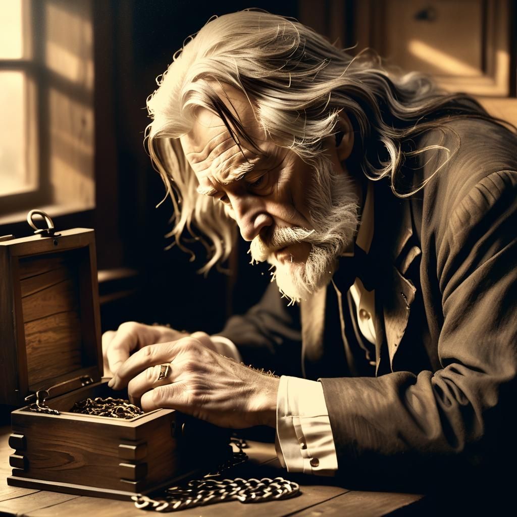 Mournful Old Man and Fob Watch: Oil Painting