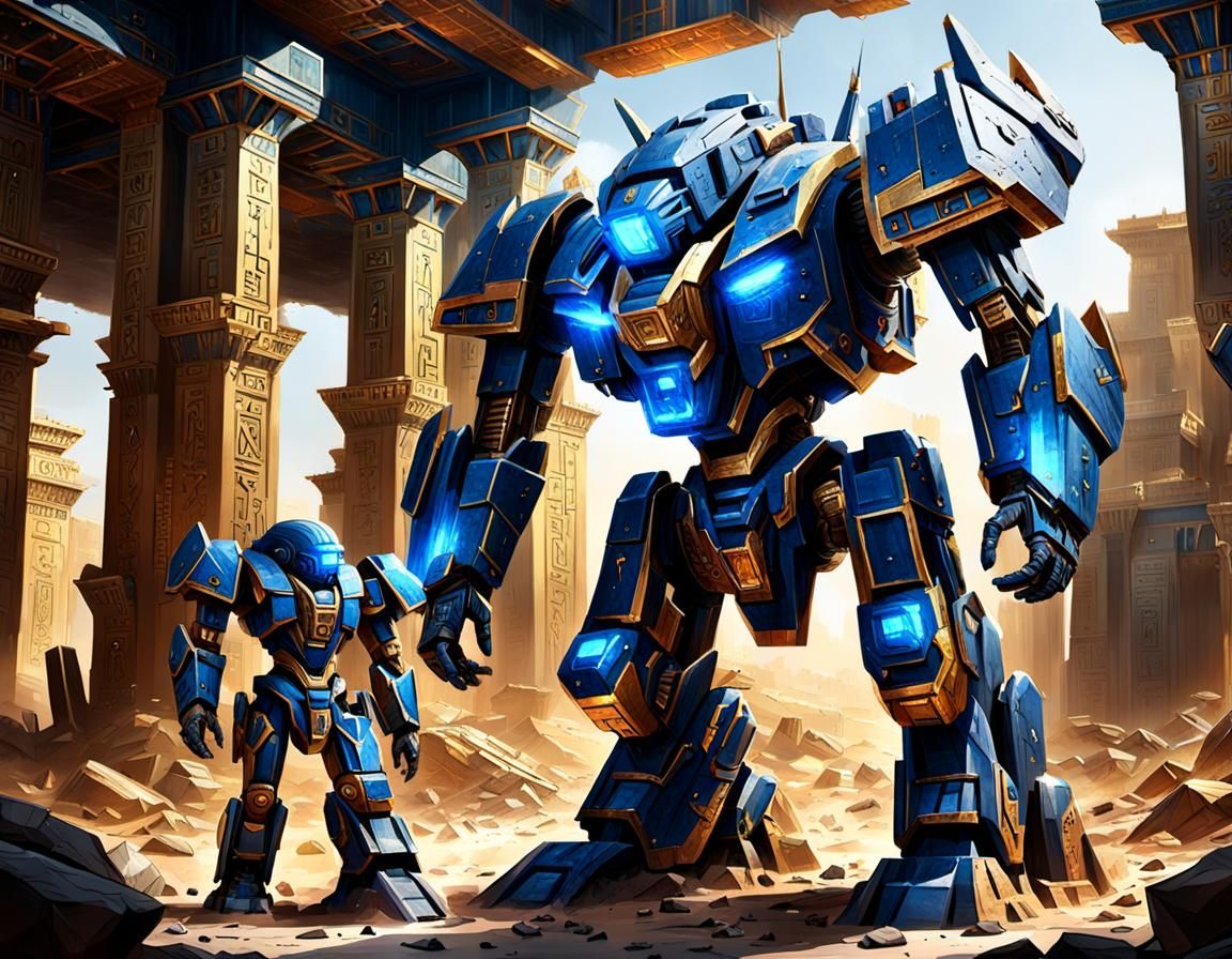 an epic mecha duel in an ancient African temple, mechas inspired by the architecture of the Kingdom of Kush, gold and bl...