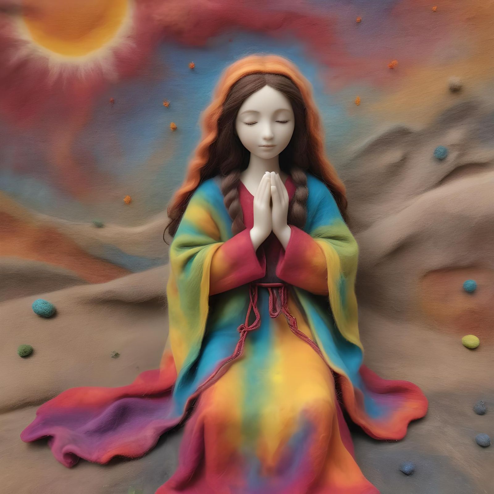 Needle-Felted Mary Magdalene Praying at Sunrise