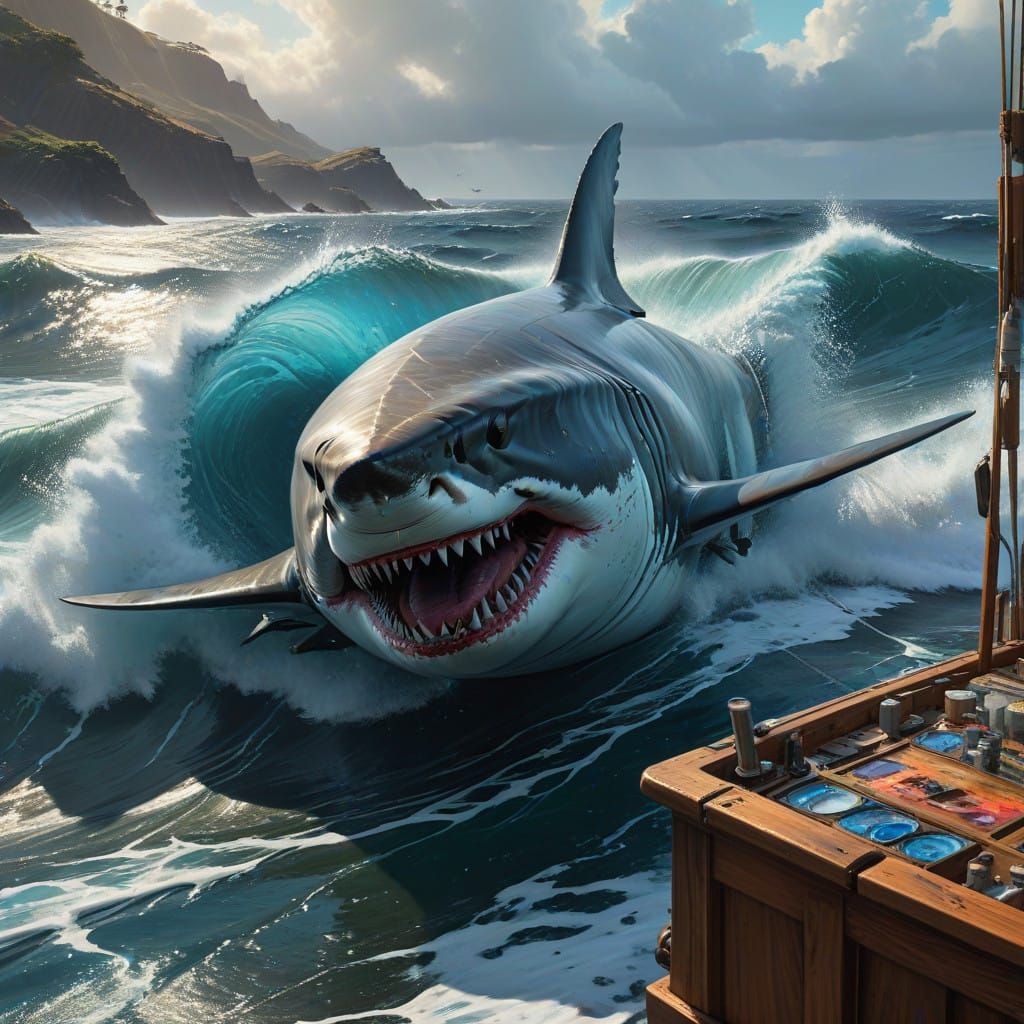 Artist's Intense Oil Canvas Masterpiece of Great White Shark...