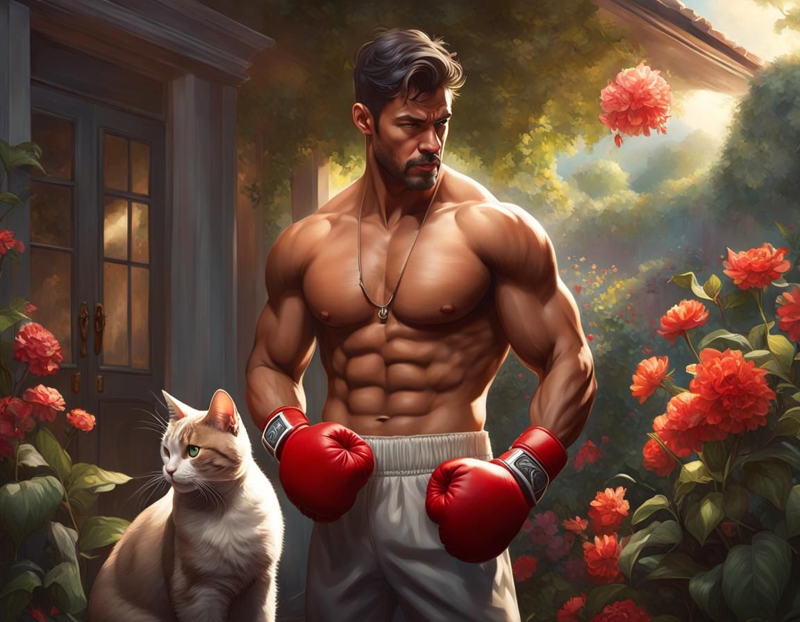 Boxer Playing with Kitten: Dynamic Portrait