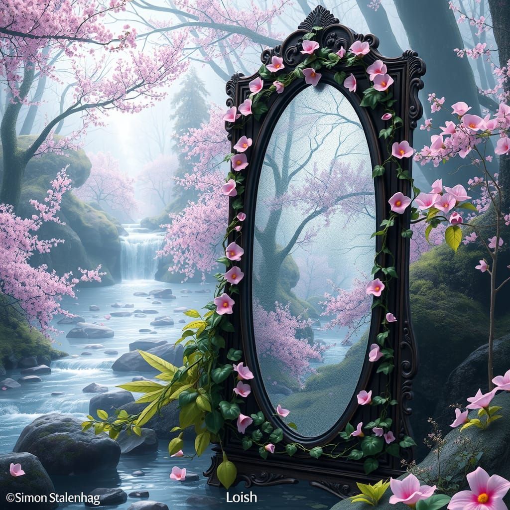 Mystical Mirror in Lush Spring Forest