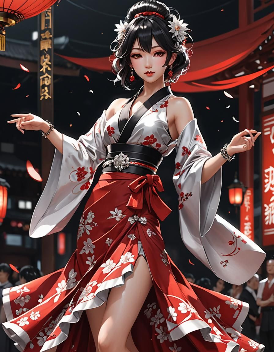 Electro Swing Singer Dancing in Red Kimono, Anime Art