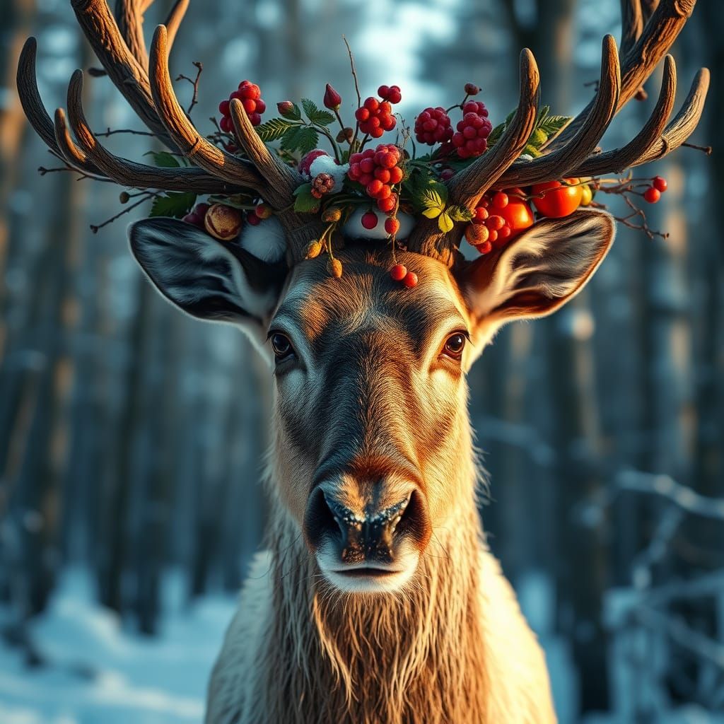 Majestic Reindeer in Snowy Forest with Wood and Berry Crown