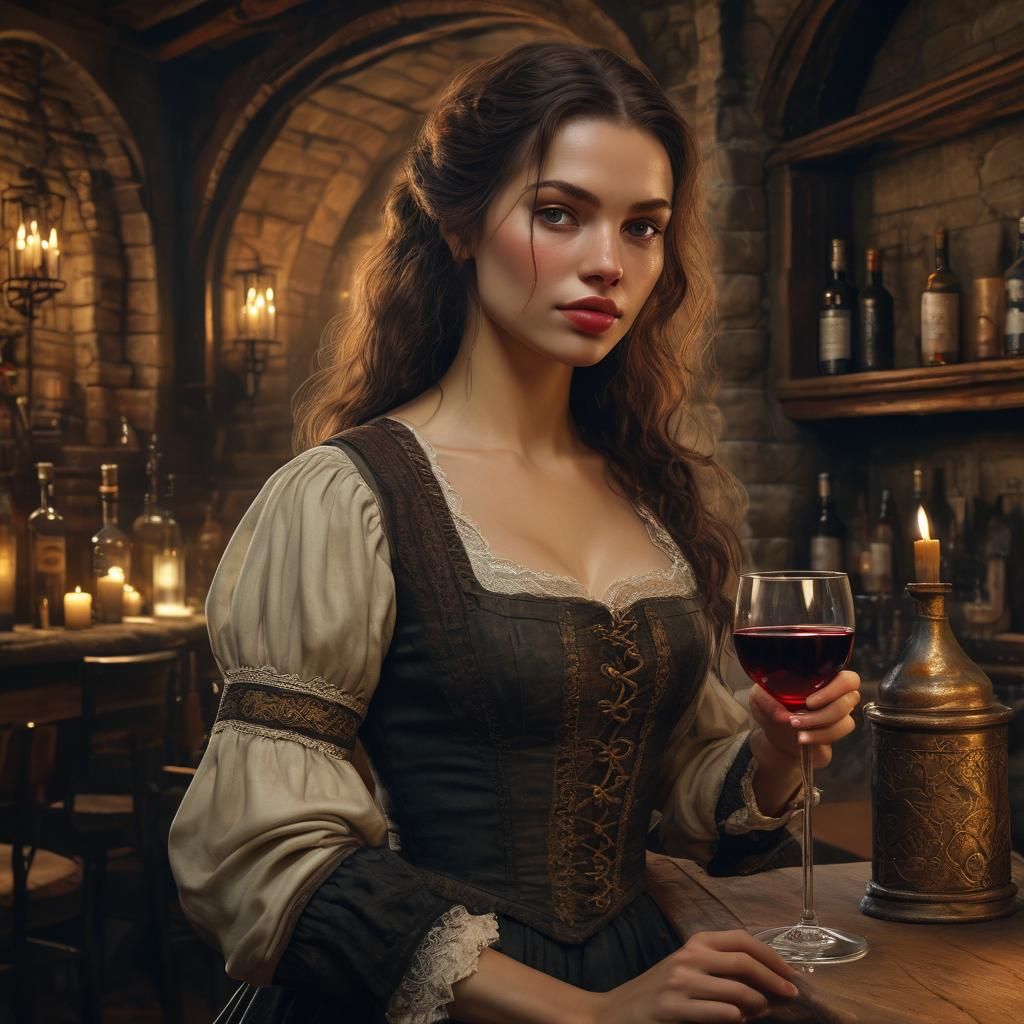 Medieval Barmaid Oil Painting in Candlelight