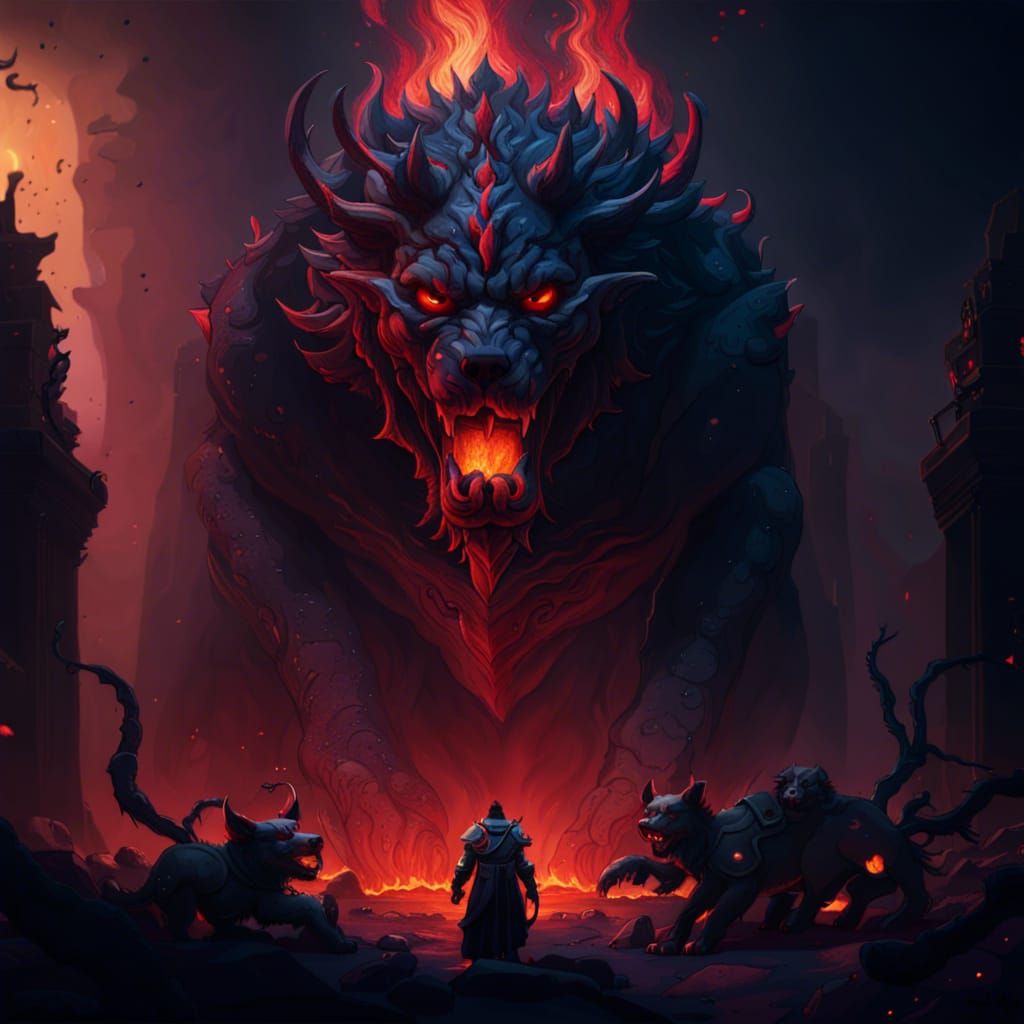 Cerberus Guards Hell in Detailed Matte Painting