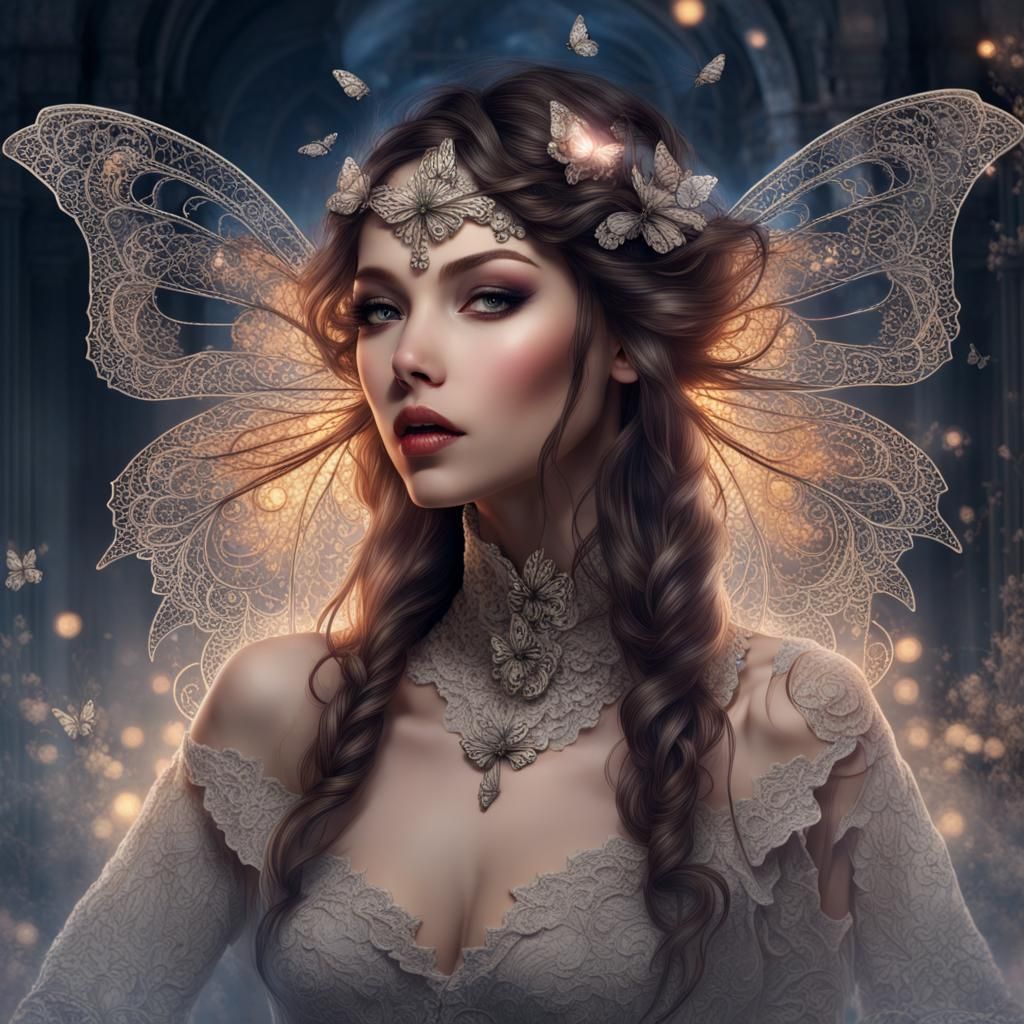 Lacy Butterfly on Lace Flowers in Art Nouveau Style