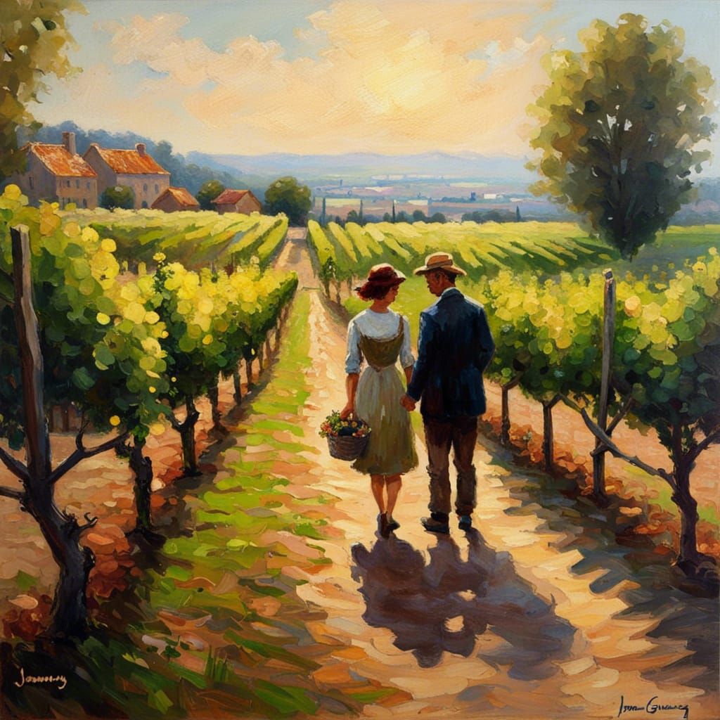 French Vineyard Countryside in Impressionist Style