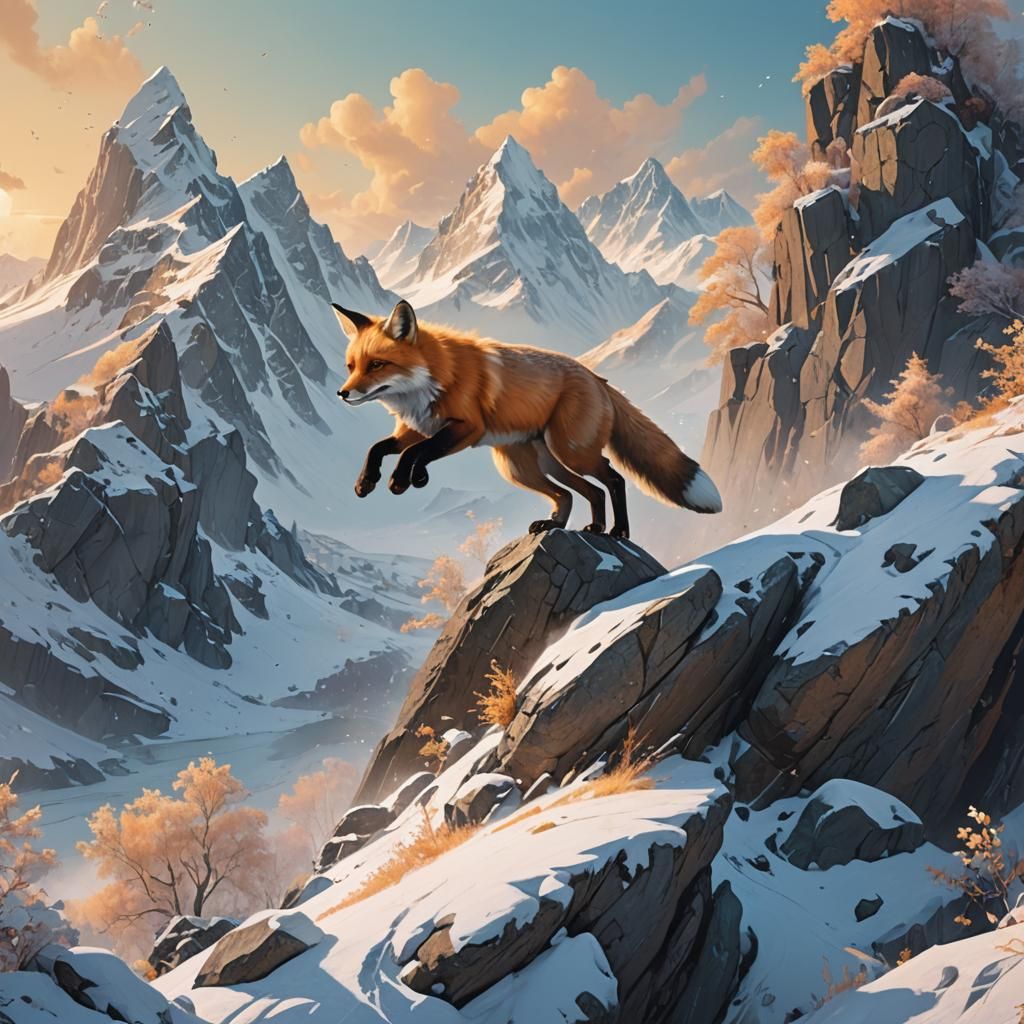 Fox Leaping in Snowy Alps: Fantasy Concept Art