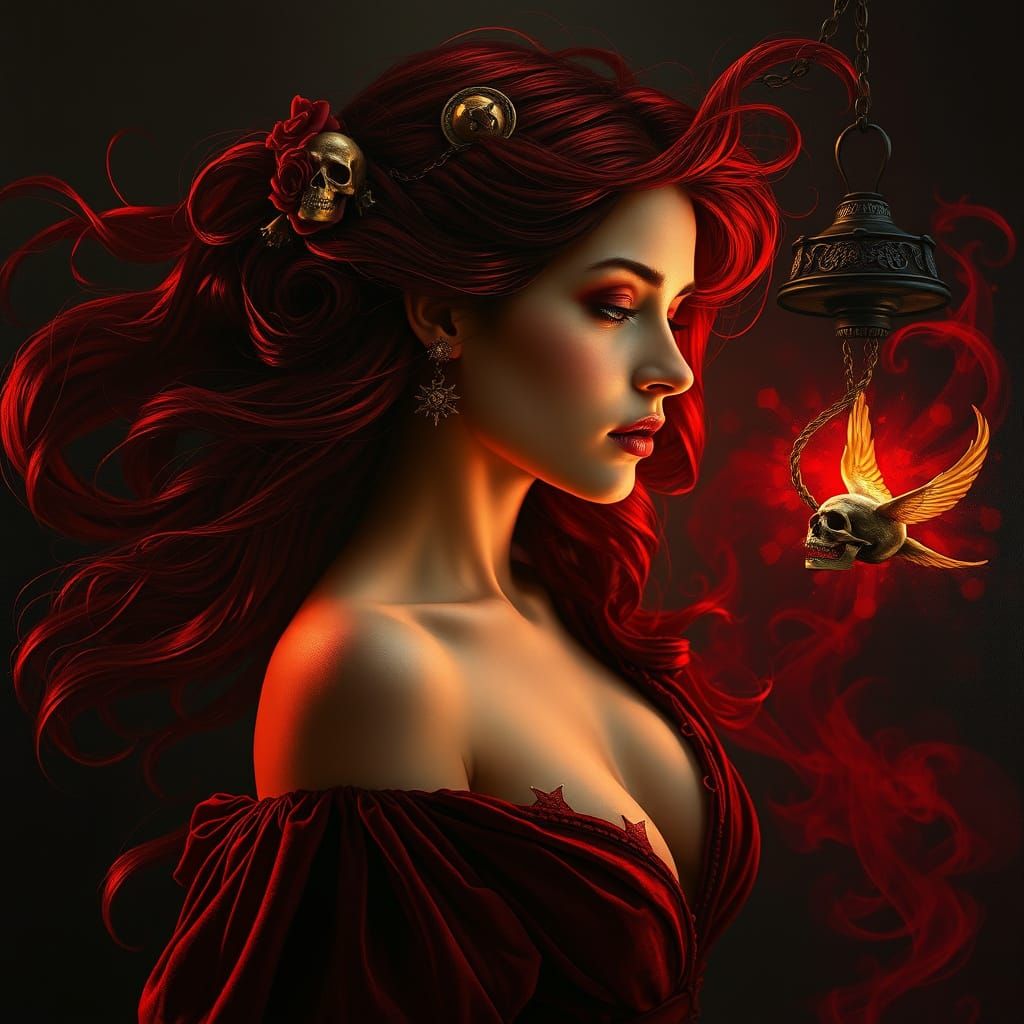 A dark fantasy oil painting in dramatic chiaroscuro captures...