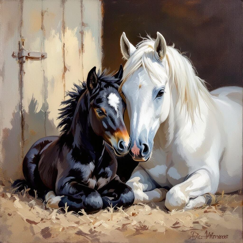 Black Foal and Mother Snuggling in Soft Light