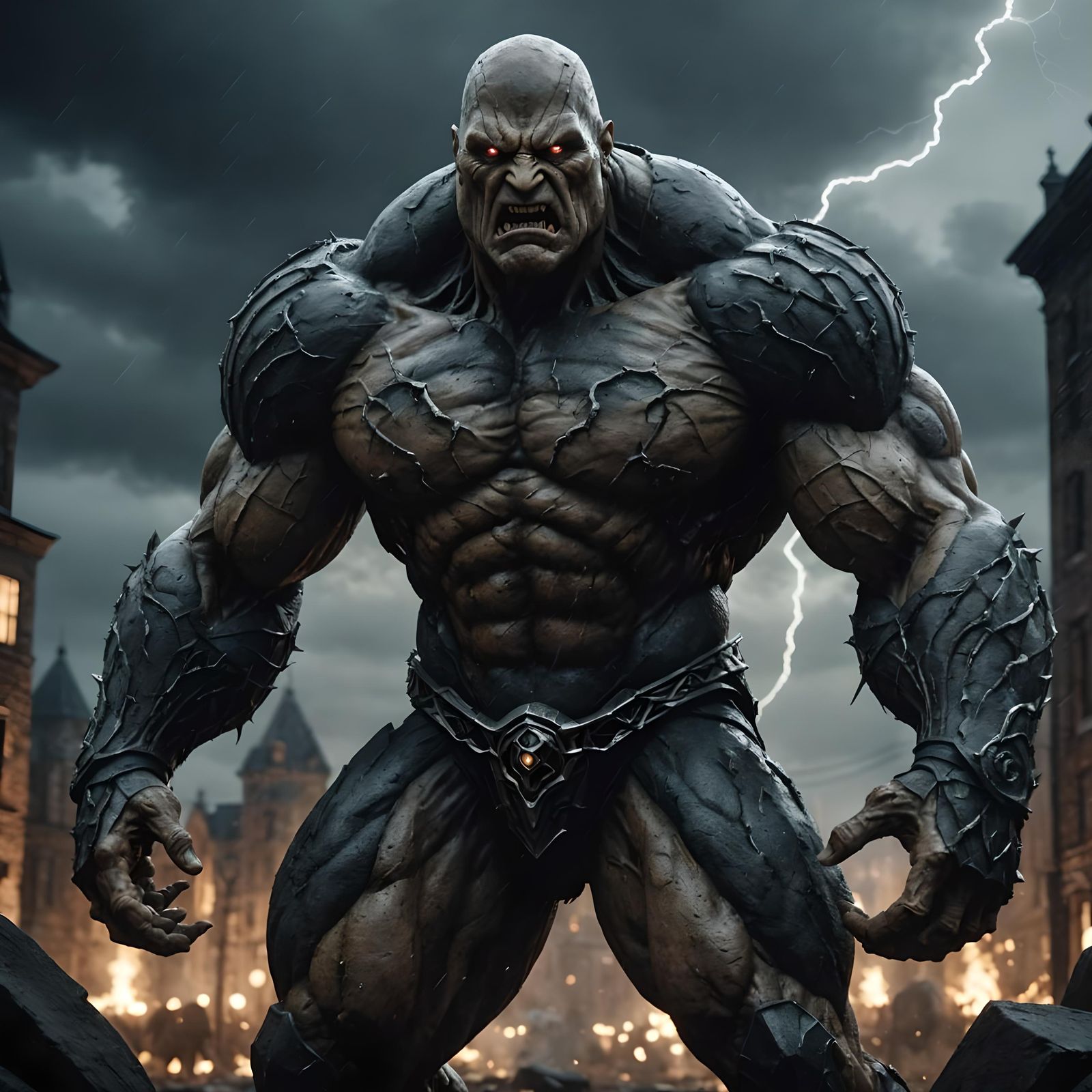 Muscular Golem in Action Pose, Hyperdetailed Horror