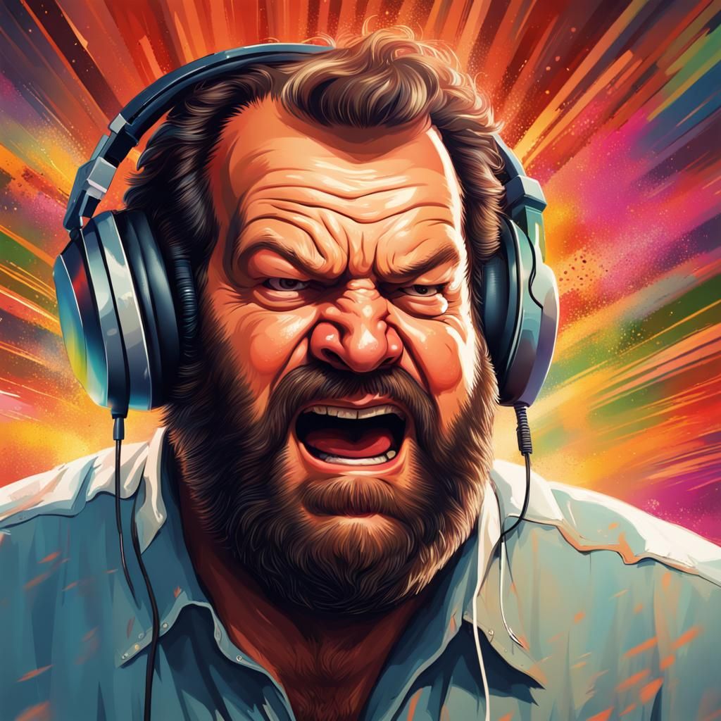 Angry Bud Spencer DJ in Hyperrealistic Splash Art
