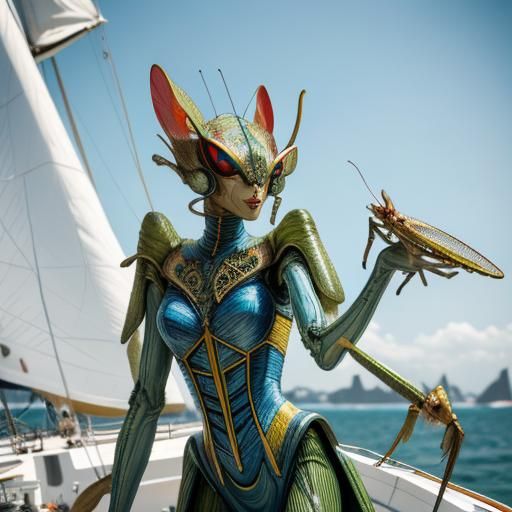 Praying Mantises Sailing in Futuristic Fashion, Kley Style