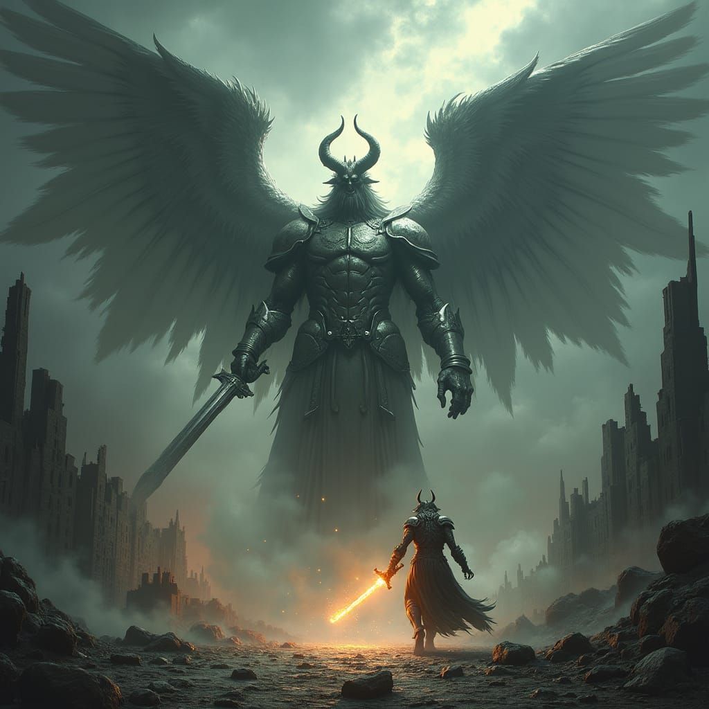Epic Battle Between Good and Evil in Dark Fantasy Art