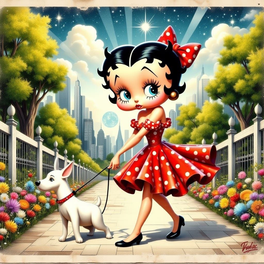 Betty Boop Walks Dog in 1930s Cartoon Style