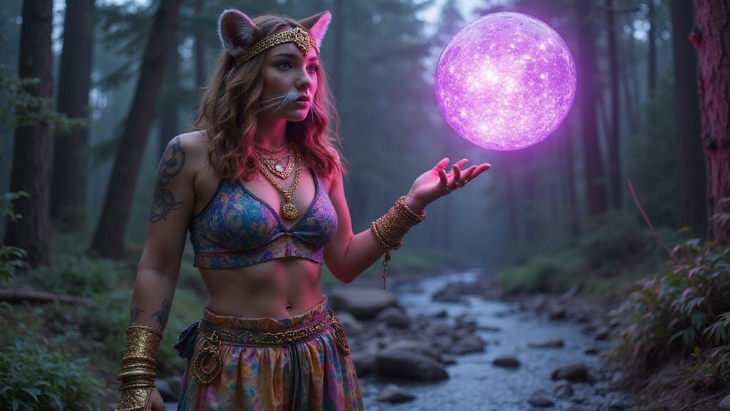 Cougar-Human Hybrid in Forest with Magic Energy