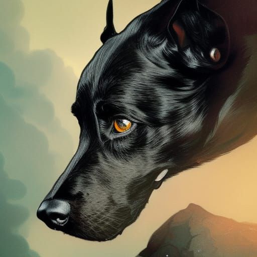 Intricate Portrait of Black Dog with Green Eyes