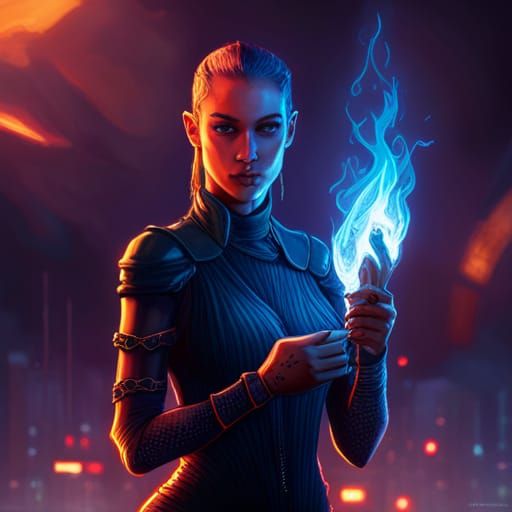 Elven Sorceress Conjures Fire in Cyberpunk Cityscape