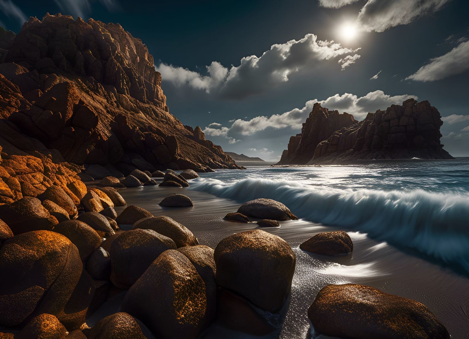 Liquid Metal Sea Reflecting Moon in Candy Art Style