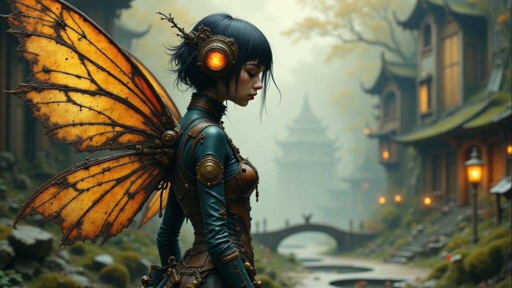 Steampunk Elf with Mechanical Wings in Misty Village