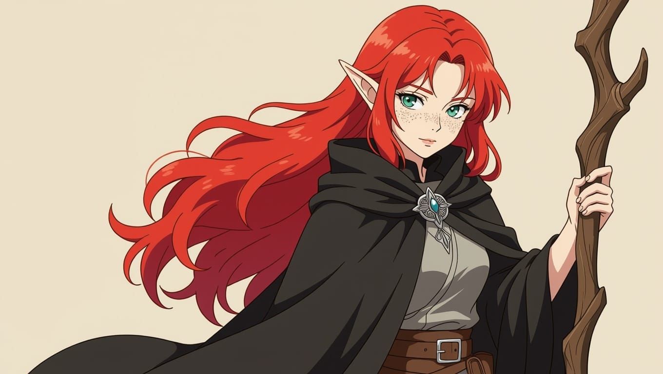 Anime Style Elvish Woman with Red Hair and Staff