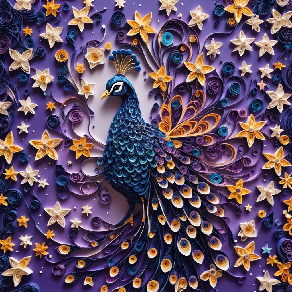 Paper Quilled Peacock with Starry Background