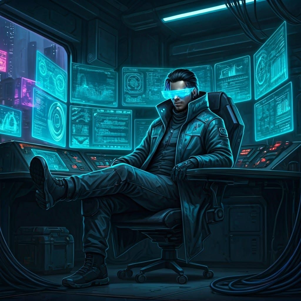 Cyberpunk Netrunner Immersed in Holographic Data Streams
