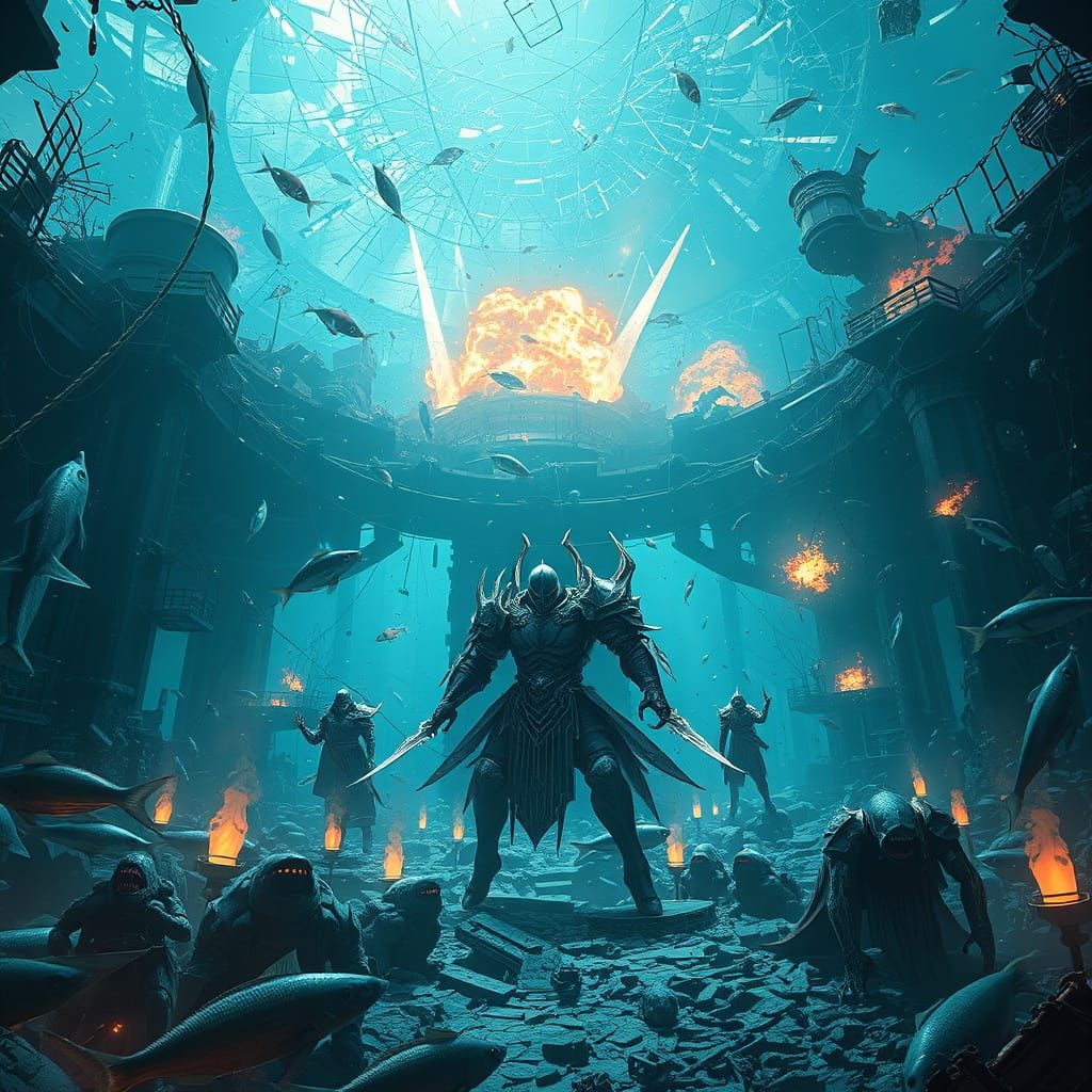 War-Torn Aquarium with Explosions and Dead Warriors