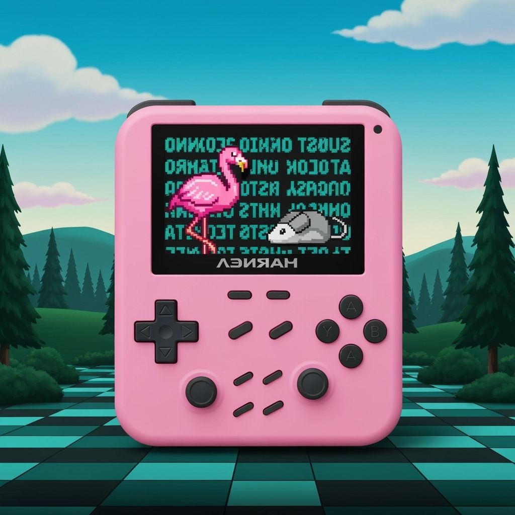 Pink Handheld Console with Pixelated Flamingo