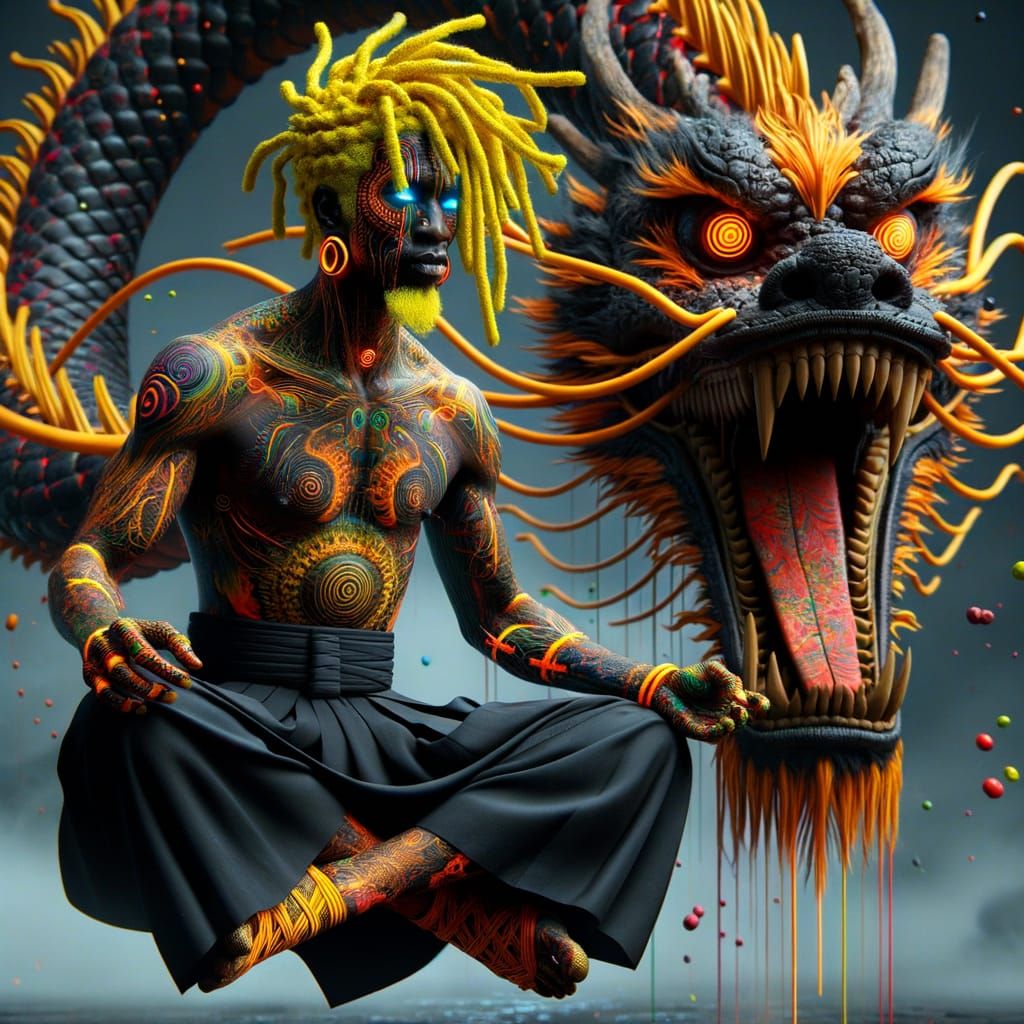 Hyperrealistic Impish Warrior Levitates over Dragon