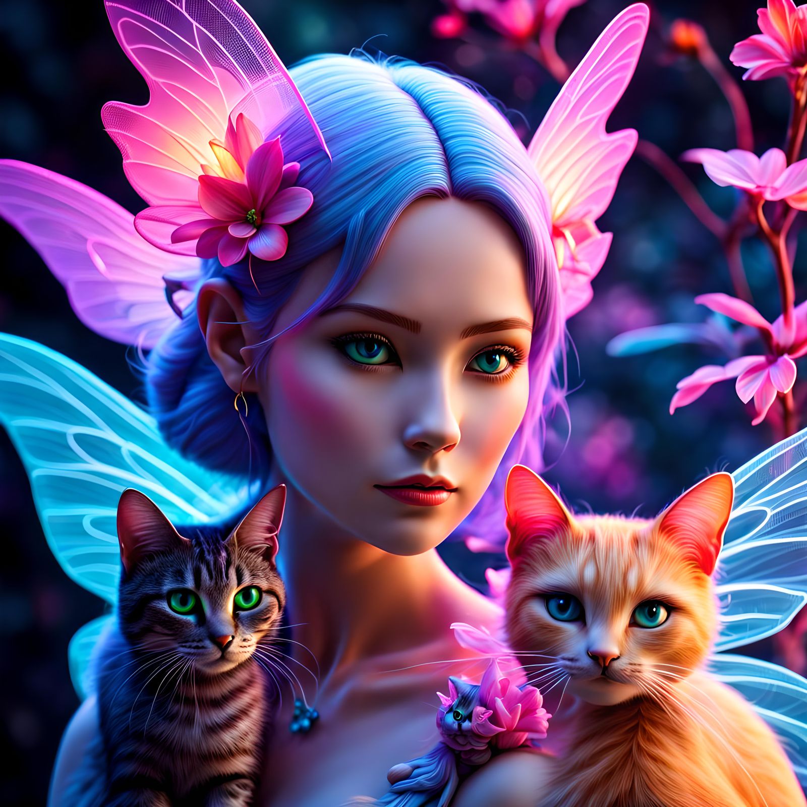 3D mesh array textured organic material forming fantasy fairy and her cat, neon colors, abstract background, hyperdetail...