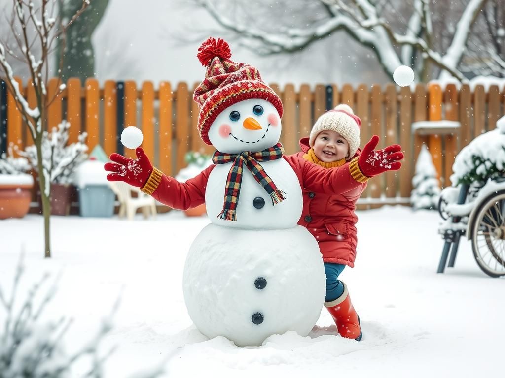 Snowman Child Playing in Winter Snowstorm