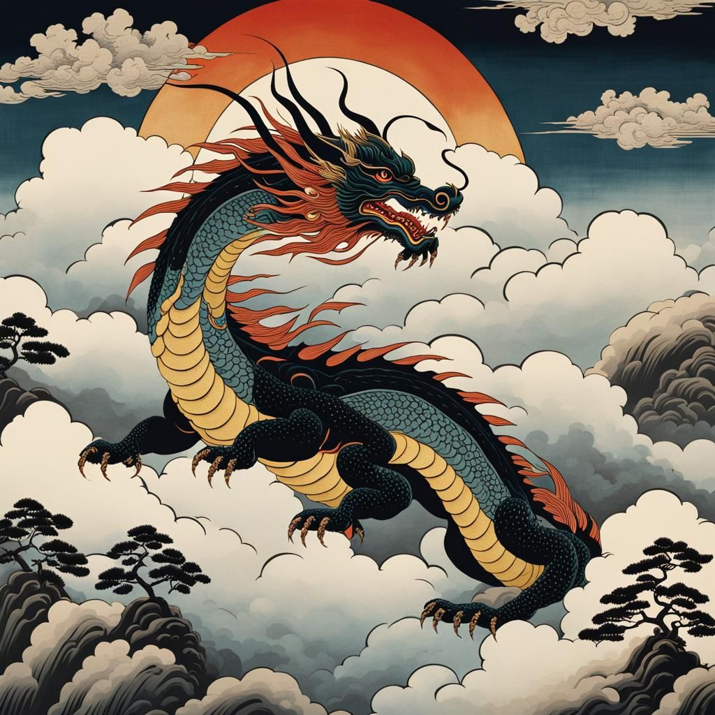 Asian Dragon in Ukiyo-e Style