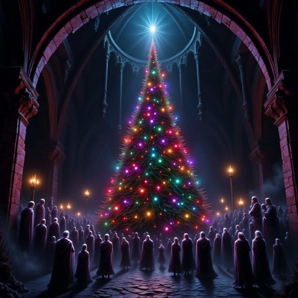Ghostly Vampires Gather Around Bright Christmas Tree