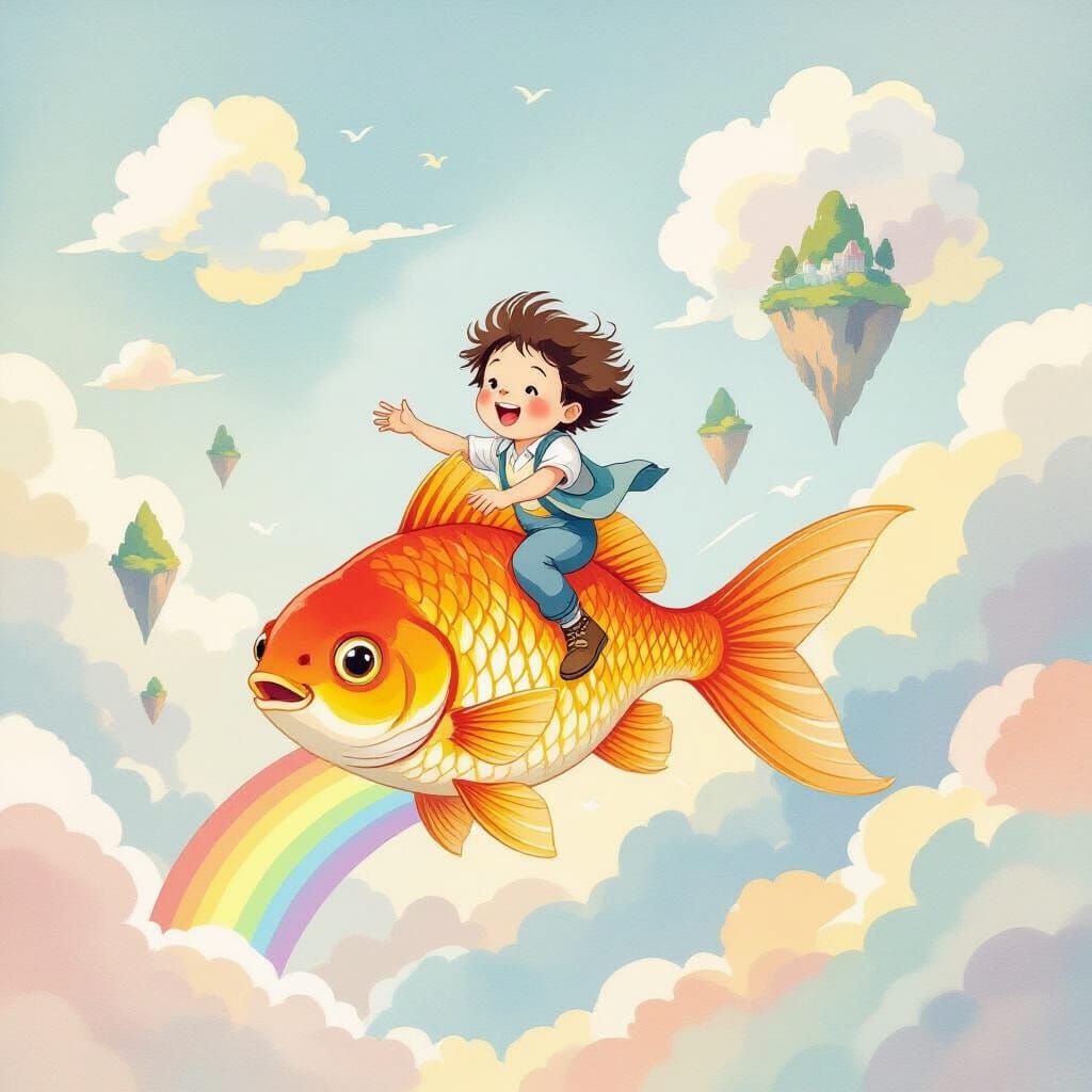 Child Rides Giant Goldfish Through Whimsical Cloudscape
