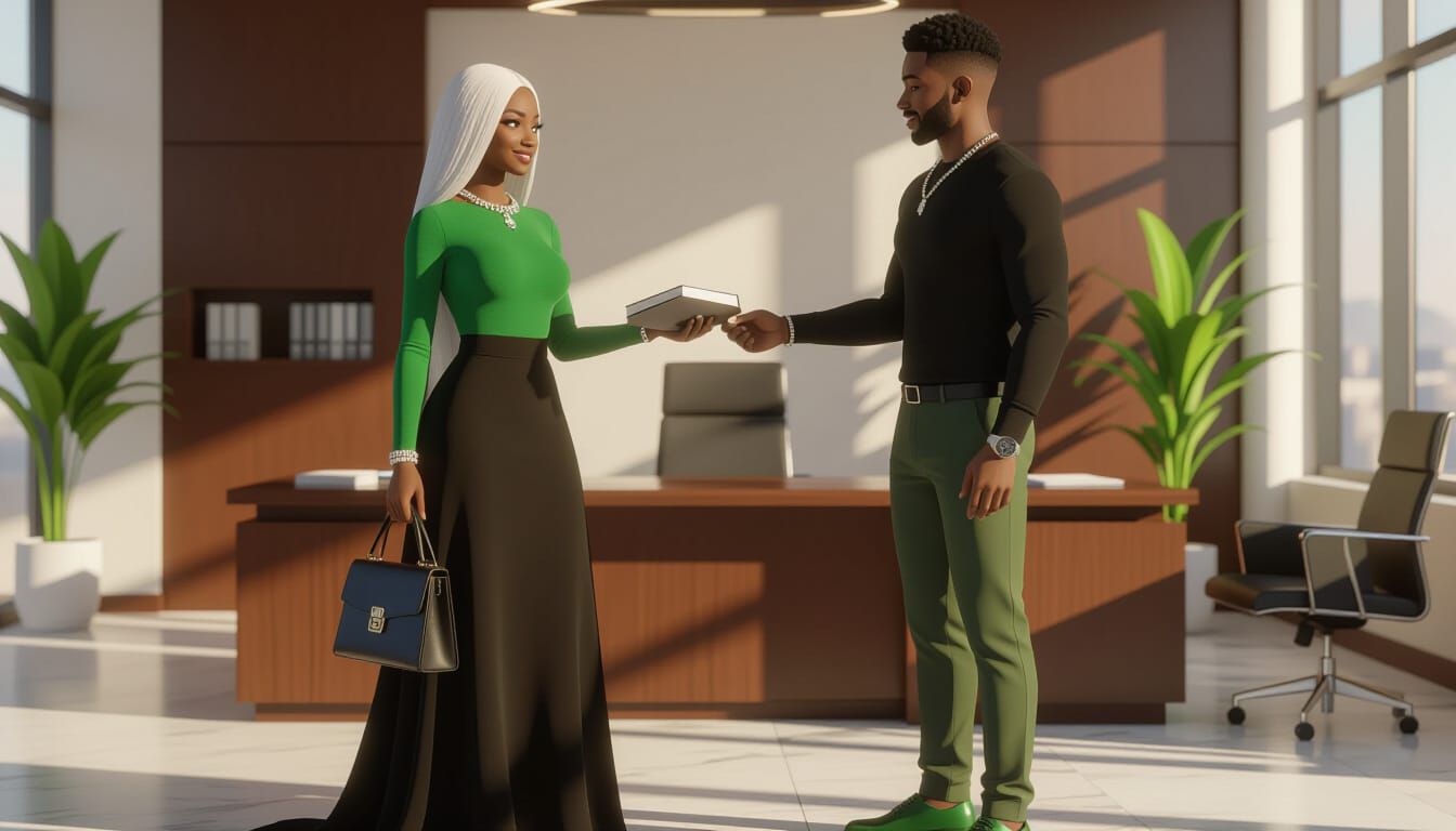 African Woman and Man Exchanging Book in Office