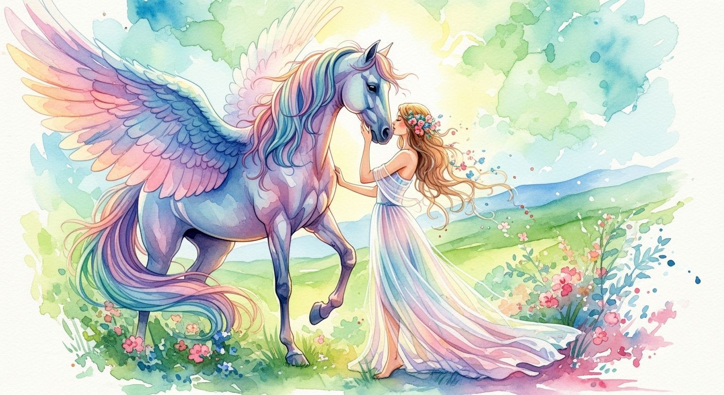 Romantic Pegasus Watercolor Painting in Ethereal Landscape