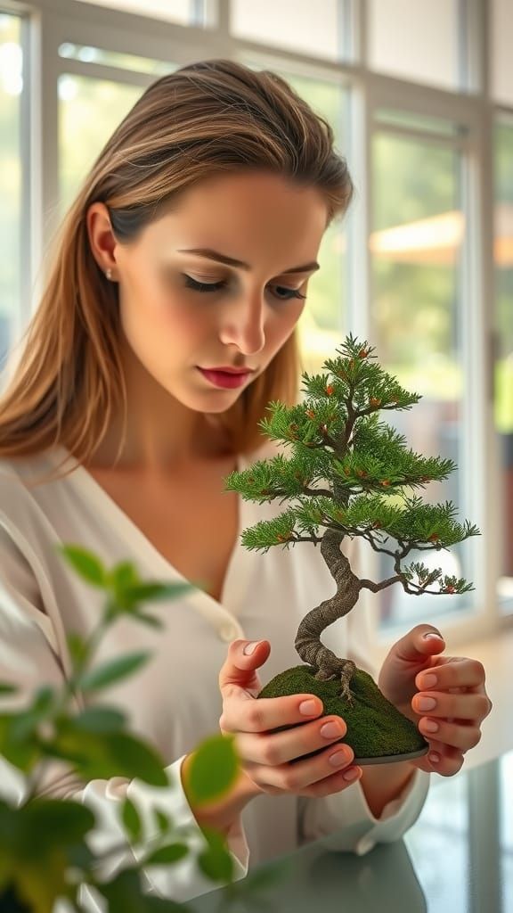 Woman Tending Bonsai Tree in Sunlit Room