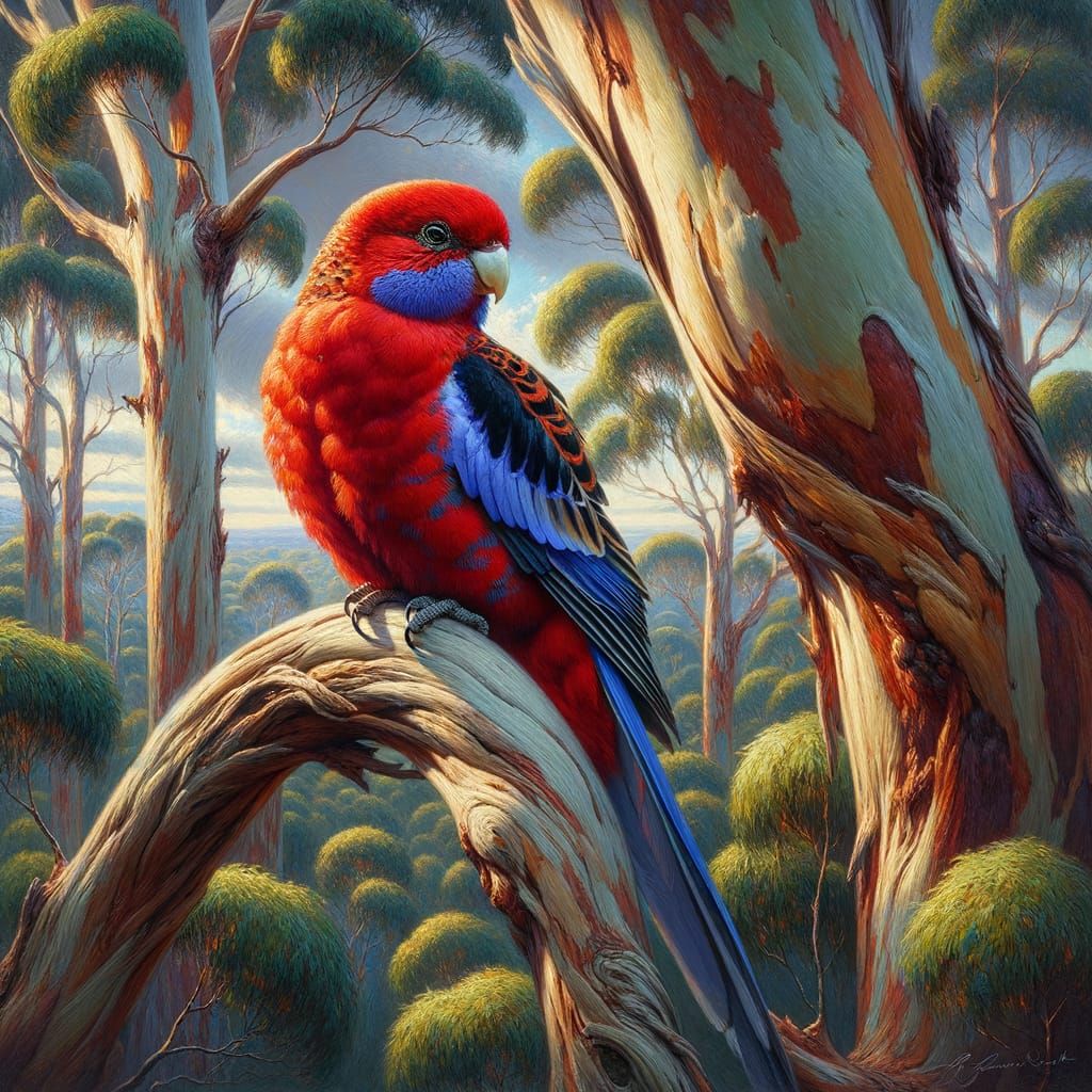 Crimson Rosella in Eucalypt: An Impasto Oil Painting