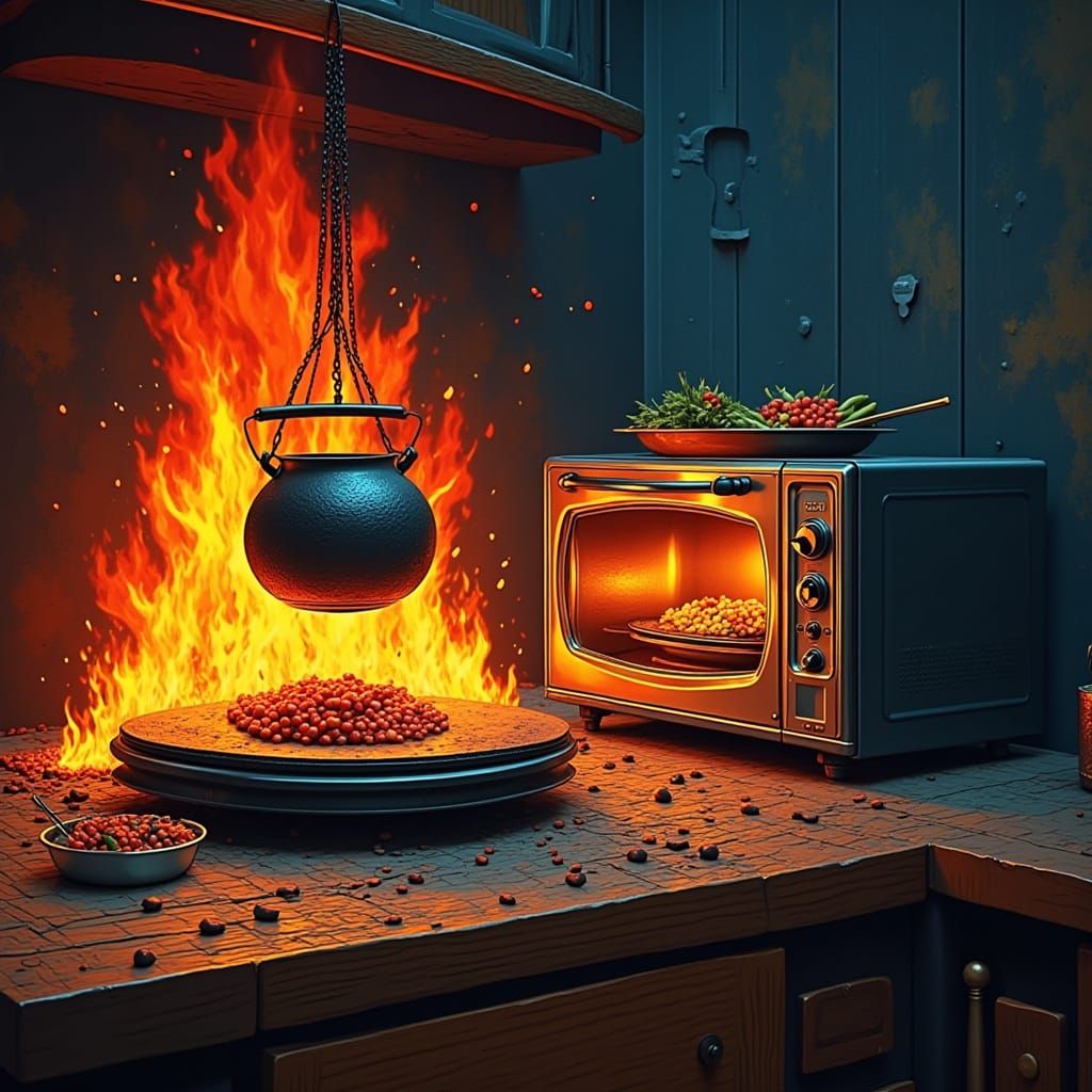 Surreal Fireplace Meets Modern Microwave