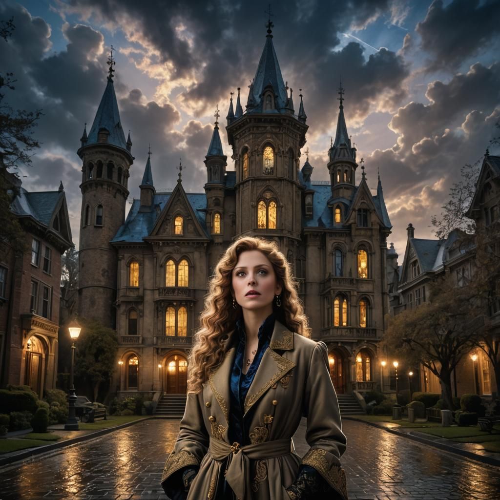 Victorian Woman Sprinting Toward Gothic Mansion in Storm