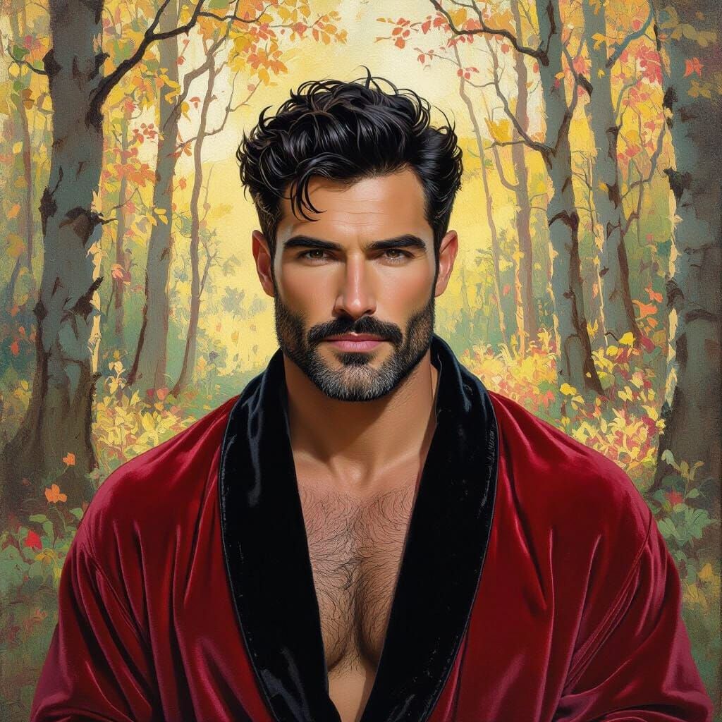 Impressionist Man in Velvet Robe in Forest